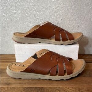 Born Brown Leather Woven Sandals Sz 9 Slip-On Elastic  Neutral Comfort Classic